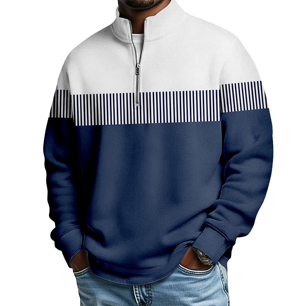 Men's Color Block Stripe Zip Polo Shirts Long Sleeve Polo Shirts Grandad Collar Casual School Athleisure Holiday Daily Wear 3D Print Quarter Zip Polo Spring Fall Blue Purple Green