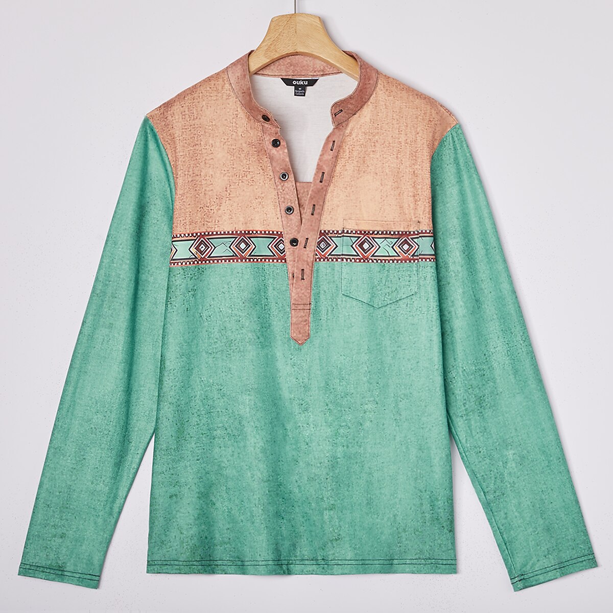 Men's Geometric Ethnic Henley Shirt Tee Long Sleeve Ethnic Casual Summer Spring Fall Lake blue Dark Gray Black Green Light Blue Henley Henley T-Shirt
