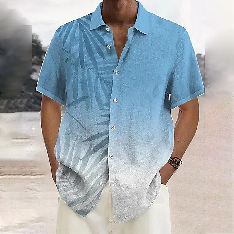 Men's Shirt Summer Hawaiian Shirt Gradient Graphic Prints Leaves Turndown Red Royal Blue Blue Dusty Blue Green Street Casual Short Sleeves Print Button-Down Clothing Apparel Tropical Sports