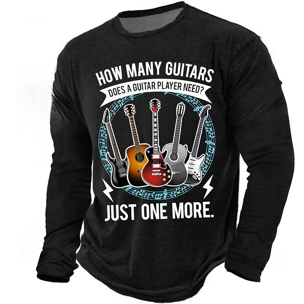 How Many Guitars Does A Guitar Player Need Just One More Funny Slogan Long Sleeve T-Shirt Mens Vintage Musical Instruments Graphic Tee Humorous Guitarist Dad Gift Tops Clothing Apparel S M L XL XXL XX