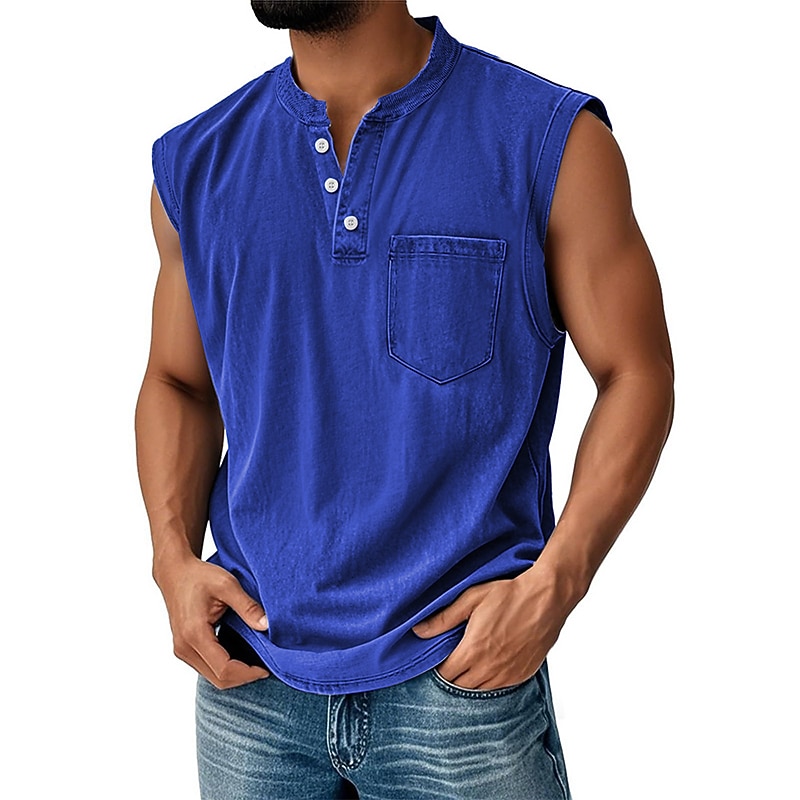 Men's Tank Top Vest Top Undershirt Sleeveless Shirt Cotton Sleeveless Henley Summer Plain Fashion Designer Basic Pocket Buttons Vacation Street Going out Black Light Green Pink Top Tee for Men