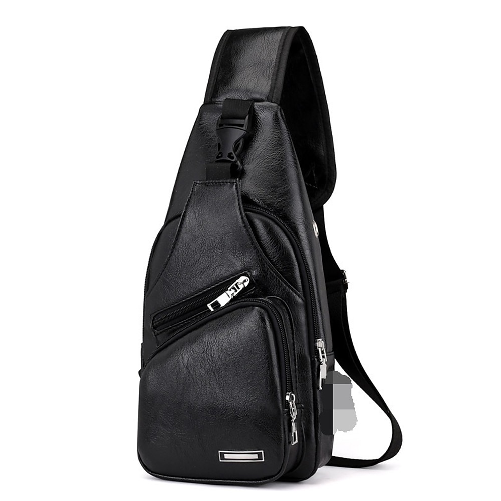 Men's Sling Chest PU Leather Outdoor Daily Zipper Waterproof Solid Color Shoulder Bag