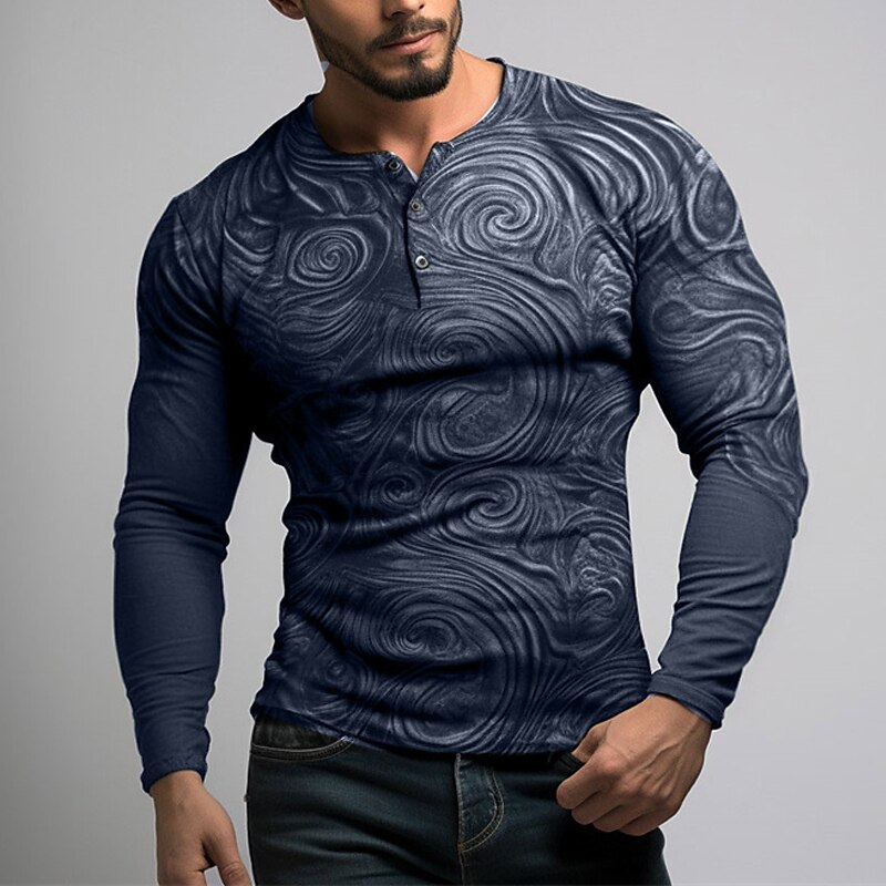 Graphic Relief Pattern Fashion Daily Casual Men's 3D Print Henley Shirt Casual Holiday Going out T shirt Green Dark Blue Dark Gray Long Sleeve Henley Shirt Spring &  Fall Clothing Apparel S M L XL