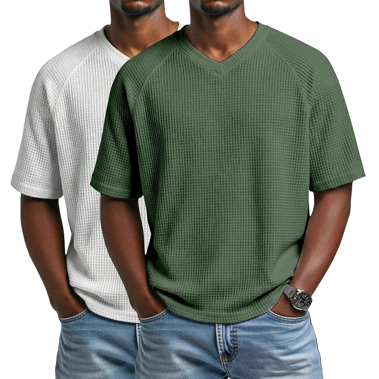 2PCS Men's Waffle T-shirt Tee Top Short Sleeve V Neck Summer Solid Color Textured Fashion Designer Casual 2 Piece Multi-pack Raglan Sleeves Casual Daily Outdoor White Black Top Tee for Men