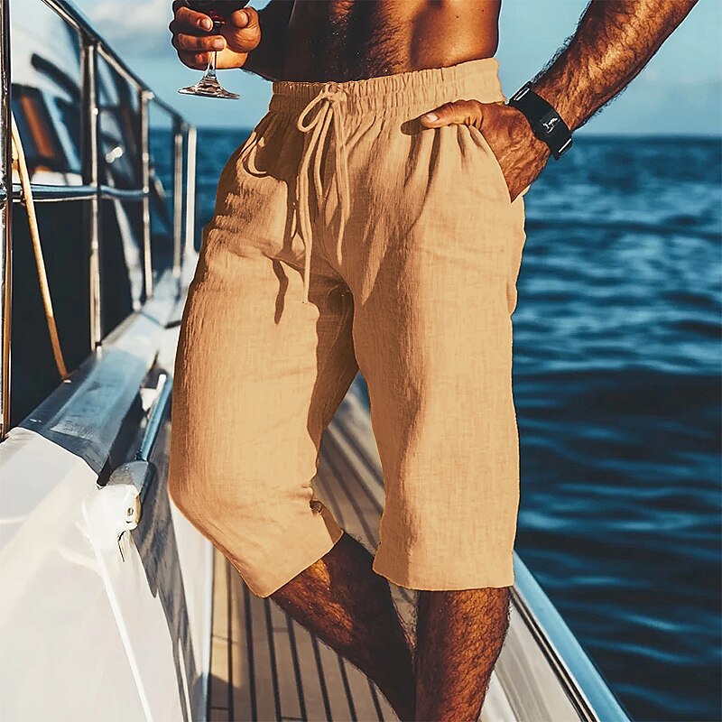 Men's Shorts Linen Shorts Summer Shorts Beach Shorts Pocket Drawstring Elastic Waist Plain Comfort Breathable Calf-Length Vacation Holiday Beach Hawaiian Boho Black White