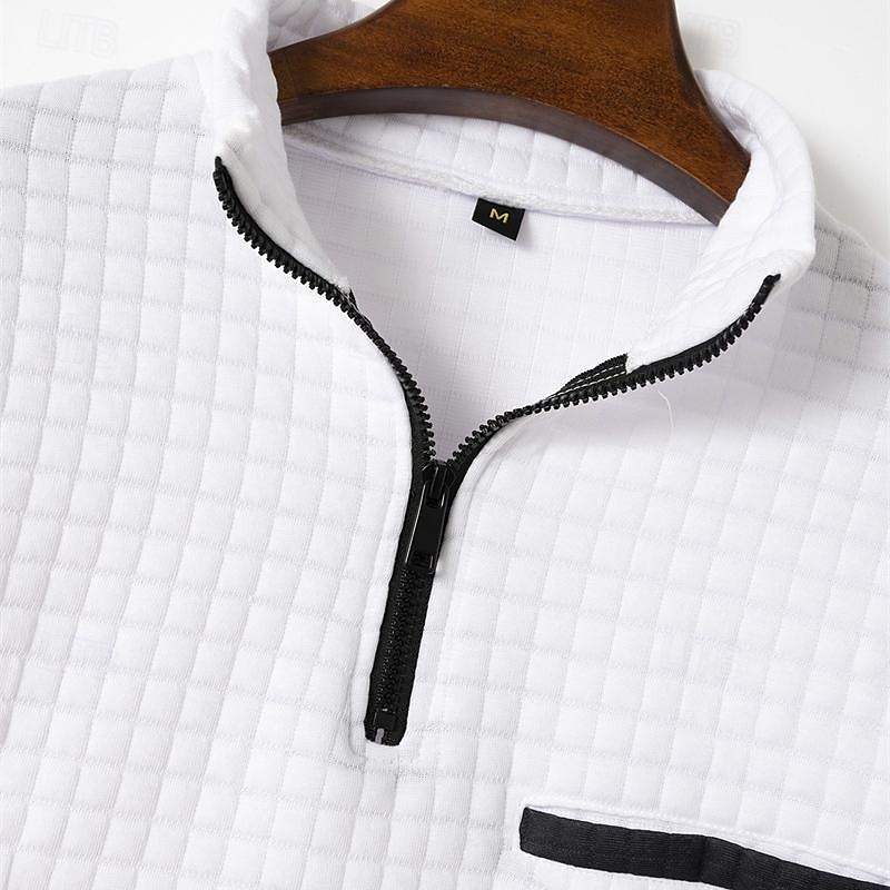 Men's Waffle Polo Shirt Quarter Zip Polo Daily Holiday Quarter Zip Long Sleeve Fashion Modern Plain Pocket Spring &  Fall Regular Fit Black White Navy Blue Orange Light Grey Dark Gray Waffle Polo