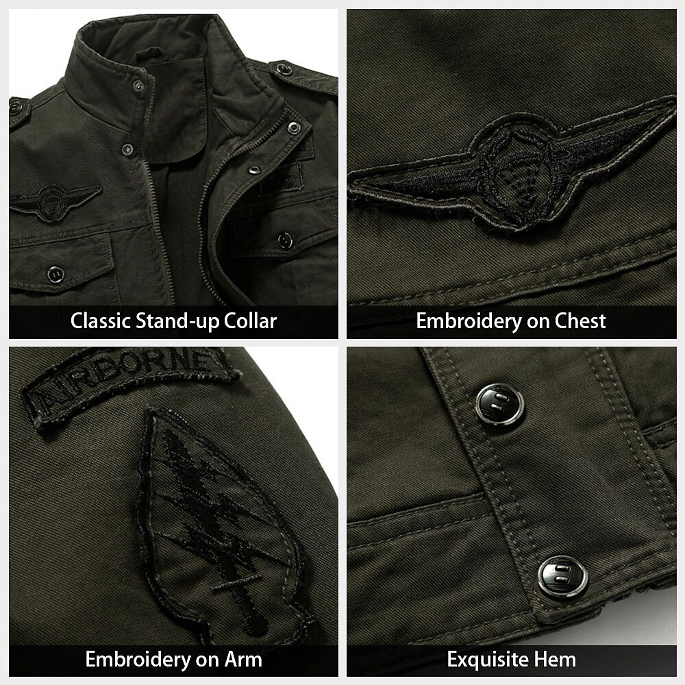 Men's Cotton Embroidered Military Jacket with Shoulder Straps Long Sleeve Standing Collar Multi-Pockets Trucker Jacket US Flag Print Tactical Outerwear