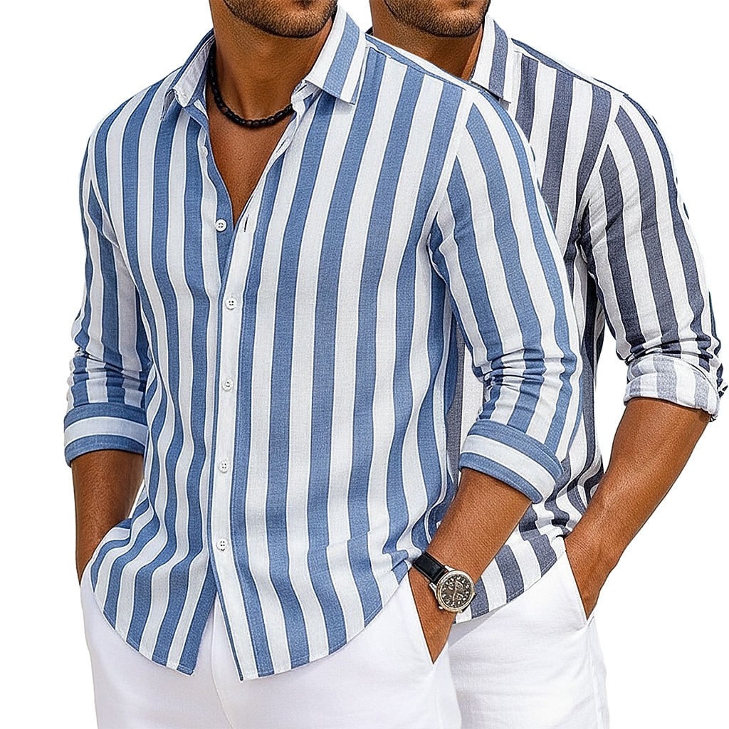 2-Pack Men's Shirt Cotton Linen Shirt Summer Shirt Beach Shirt Striped Shirts Vertical Stripes Casual Vacation Pink+Yellow Yellow+green Green+pink Navy Blue+Yellow Long Sleeve Turndown Summer Spring Clothing