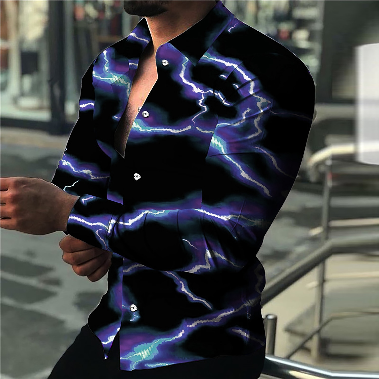 Men's Lightning Shirt Long Sleeve Fashion Designer Casual Outdoor Holiday Summer Spring Turndown Print Button-Down Blue Light Yellow Black White Yellow