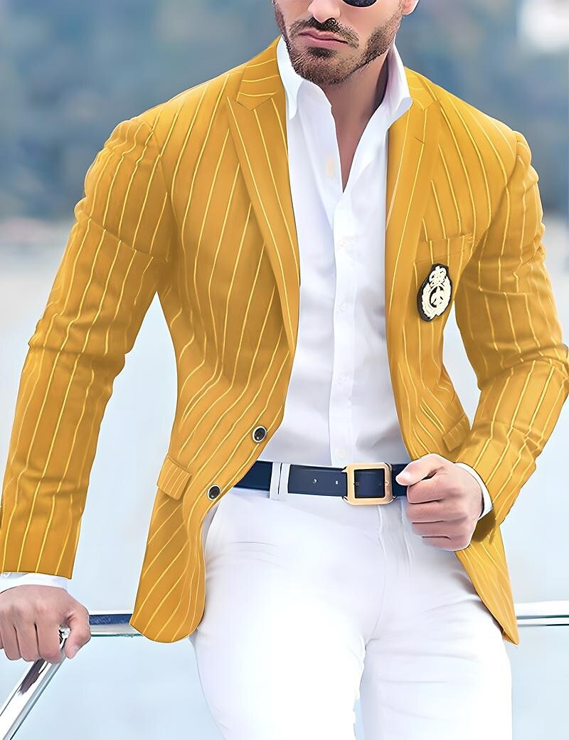 Men's Graduation Blazer Cocktail Attire Business Formal Evening Wedding Party Only tops Fashion Casual Summer Spring &  Fall Polyester Stripes Pocket Casual / Daily Single Breasted Blazer Black White