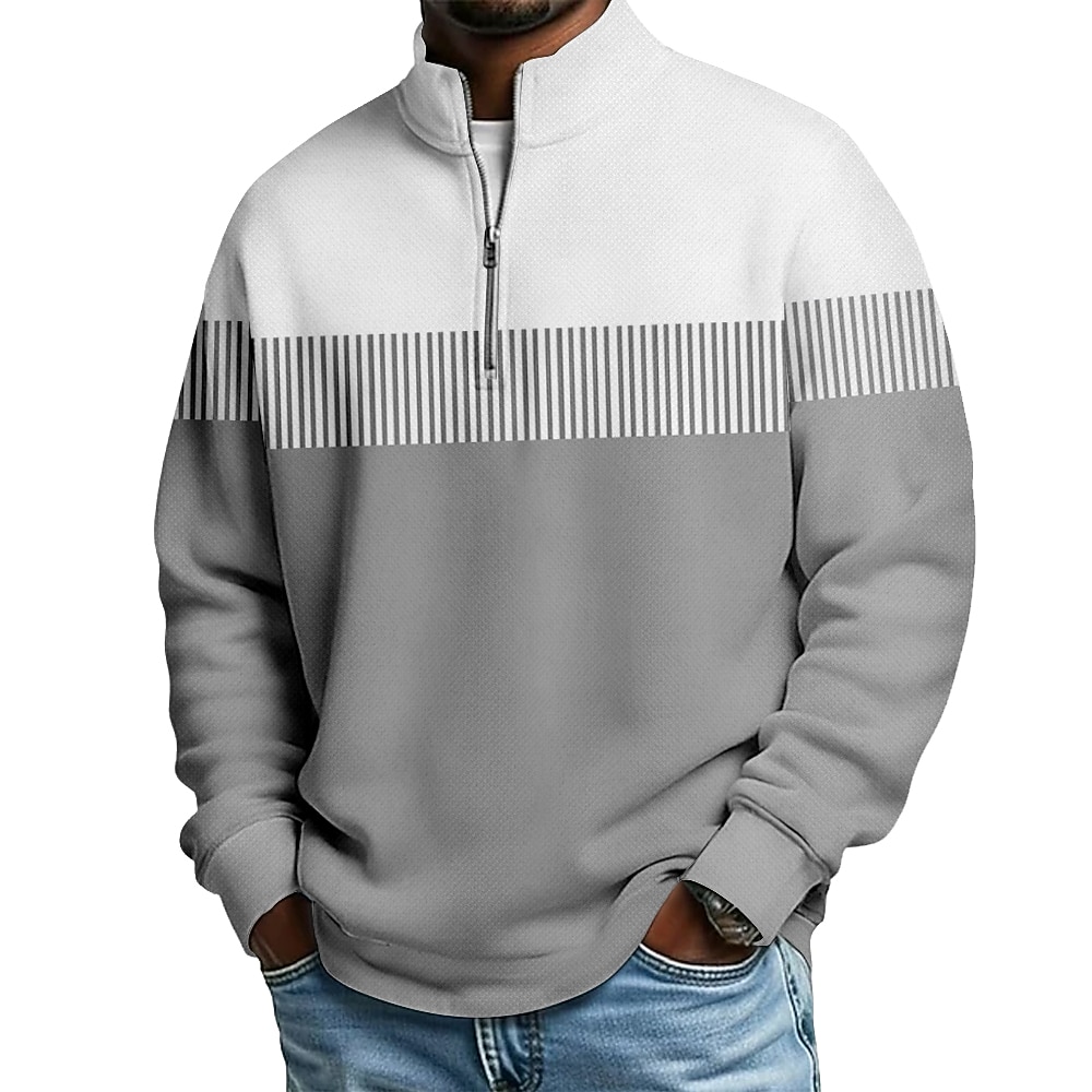 Men's Color Block Stripe Zip Polo Shirts Long Sleeve Polo Shirts Grandad Collar Casual School Athleisure Holiday Daily Wear 3D Print Quarter Zip Polo Spring Fall Blue Purple Green