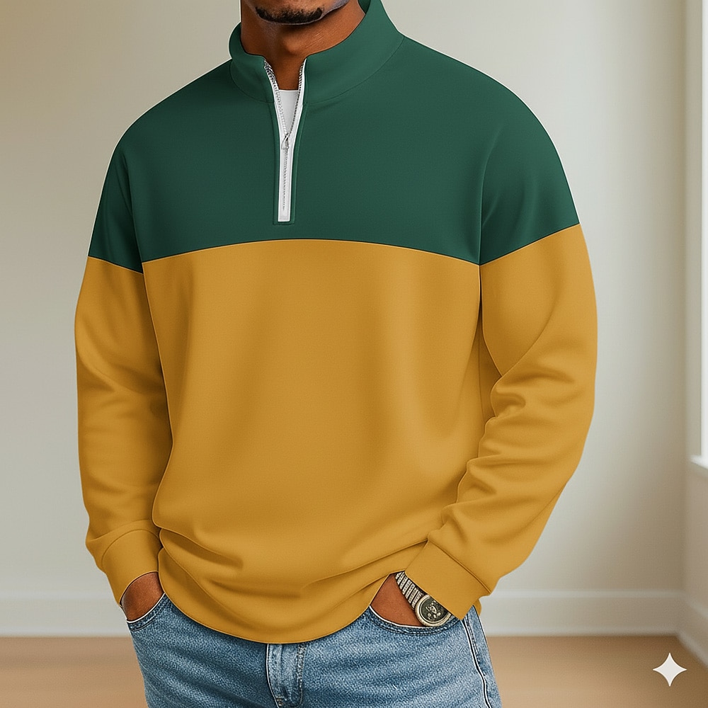 Men's Color Block Polo Long Sleeve Standing Collar Athleisure Vacation Athleisure Casual Daily 3D Print Spring Fall Blue Black Yellow