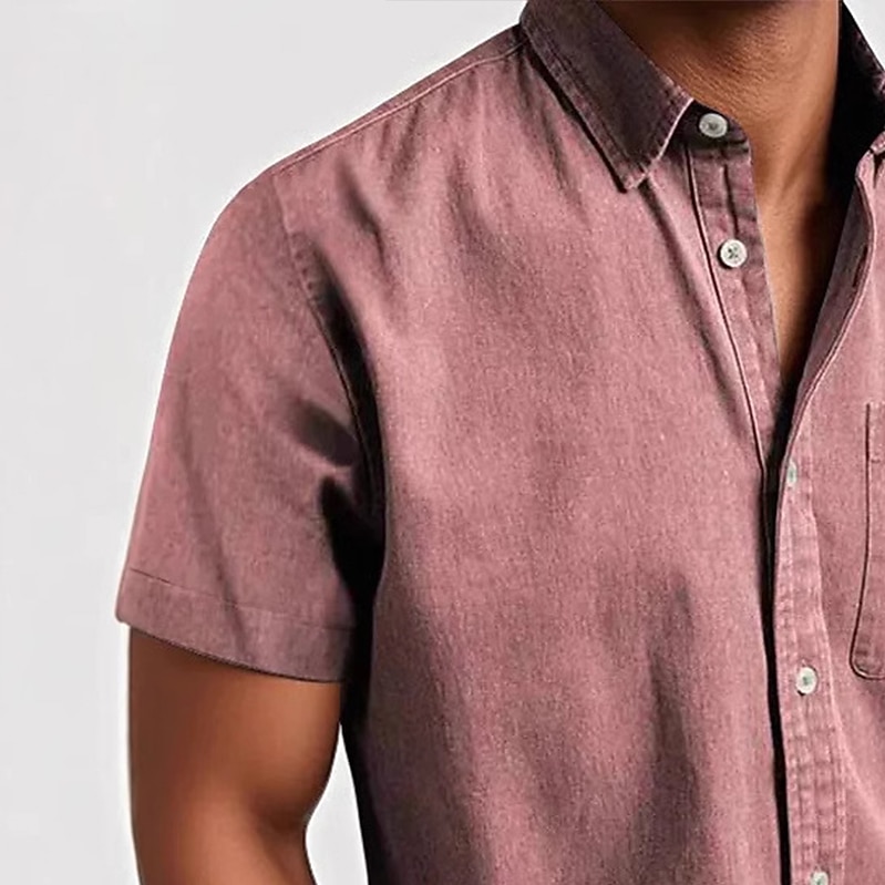 Men's Cotton Shirt Casual Shirt Button Up Shirt Black White Pink Red Navy Blue Short Sleeve Plain Lapel Casual Daily Front Pocket Clothing Apparel Elegant Fashion Casual