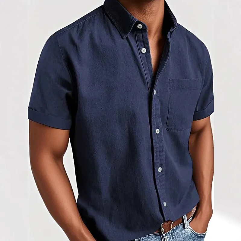 Men's Cotton Shirt Casual Shirt Button Up Shirt Black White Pink Red Navy Blue Short Sleeve Plain Lapel Casual Daily Front Pocket Clothing Apparel Elegant Fashion Casual