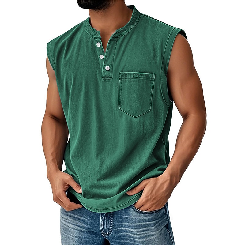 Men's Tank Top Vest Top Undershirt Sleeveless Shirt Cotton Sleeveless Henley Summer Plain Fashion Designer Basic Pocket Buttons Vacation Street Going out Black Light Green Pink Top Tee for Men