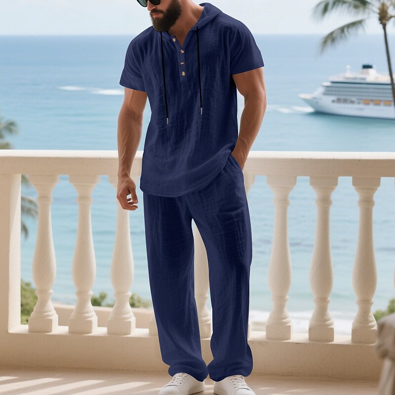 Men's T-shirt Suits Shirt and Pant Sets 2 Pieces Outfits Short Sleeve Hooded Summer Spring Plain Fashion Casual Drawstring 2 Piece Buttons Vacation Daily Wear Going out Black White Yellow Top Tee for