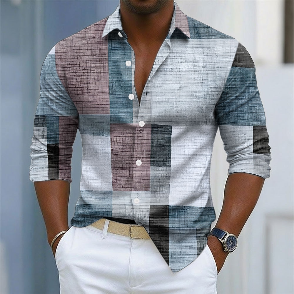 Men's Geometric Color Block Patchwork Shirt Button Up Shirt Long Sleeve Fashion Casual Outdoor Dailywear Spring Fall Turndown 3D Print Collared Shirts Blue Purple Green Khaki Gray