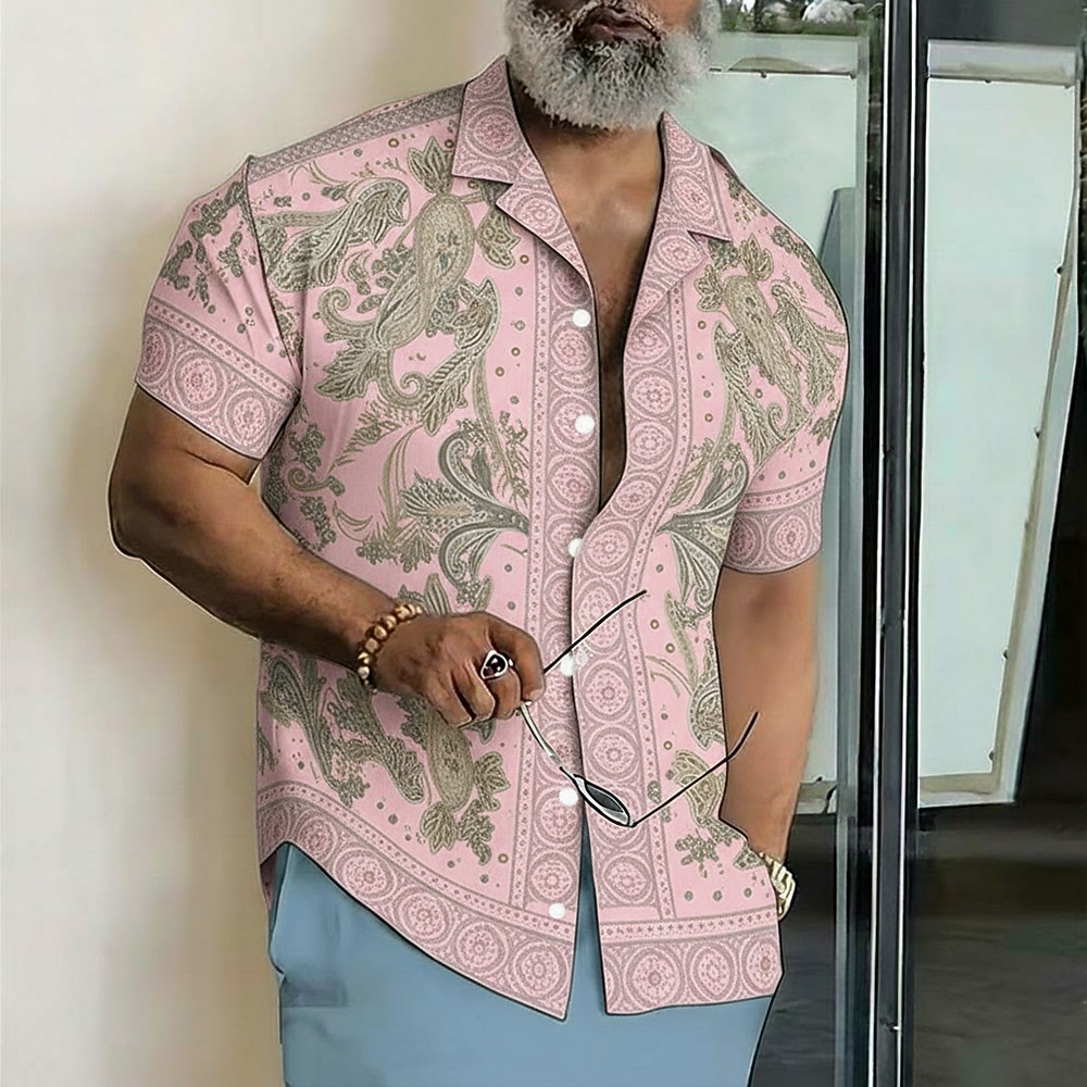 Men's Paisley Floral Print Ethnic Shirt Button Up Shirt Camp Collar Shirt Short Sleeve Vintage Retro Streetwear Vacation Summer Spring Cuban Collar 3D Print Blue Pink Green Khaki