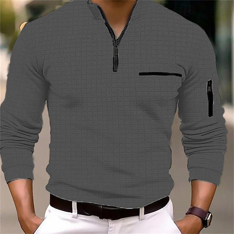 Men's Waffle Polo Shirt Quarter Zip Polo Daily Holiday Quarter Zip Long Sleeve Fashion Modern Plain Pocket Spring &  Fall Regular Fit Black White Navy Blue Orange Light Grey Dark Gray Waffle Polo