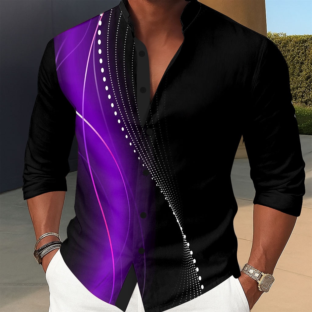 Men's Geometric Gradient Waves Shirt Stand Collar Shirt Long Sleeve Fashion Casual Dailywear Holiday Spring Fall Mandarin Collar Band Collar 3D Print Button Up Shirts Blue Red Purple Green