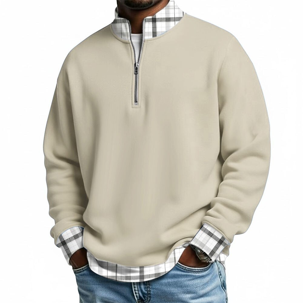 Men's Plaid Zip Polo Shirts Long Sleeve Polo Shirts Grandad Collar Casual School Athleisure Holiday Daily Wear 3D Print Quarter Zip Polo Spring Fall & Winter Blue Navy Blue Purple