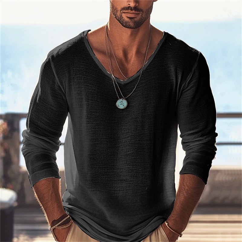 Men's T Shirt Tee Tee Top Long Sleeve Shirt Long Sleeve V Neck Summer Spring Plain Fashion Designer Basic Classic Vacation Street Going out Black Sky Blue Purple Top Tee for Men