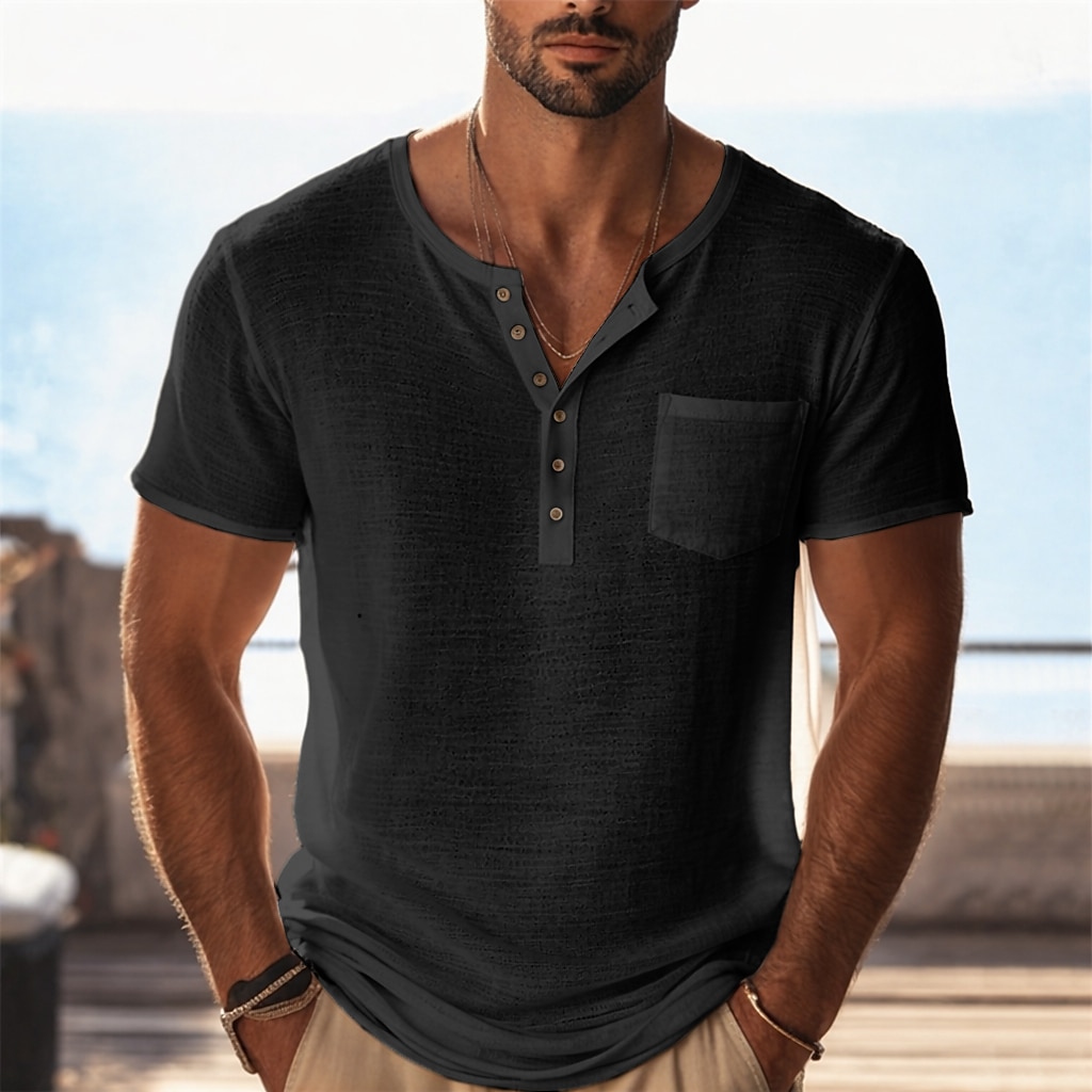 Men's HenleyT Shirt Knit Tee Tee Top Short Sleeve Henley Summer Solid Color Textured Fashion Lightweight Basic Mesh Knitted Casual Vacation Street Black Purple Green Top Tee for Men