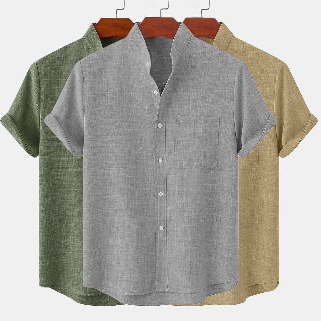 3-Pack Men's Linen Shirt Summer Shirt Casual Shirt Band Collar Shirt Plain Casual Beach Black+Gray+Green Black+White+Gray black+white+green black+khaki+green Short Sleeve Stand Collar Spring & Summer Summer