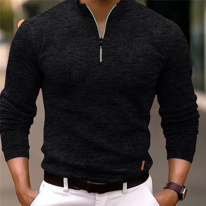 Men's Polo Shirt Quarter Zip Polo Sports & Outdoor Casual Daily Standing Collar Quarter Zip Long Sleeve Fashion Basic Solid Color Pocket Spring &  Fall Regular Fit Black Navy Blue Ocean Blue Orange