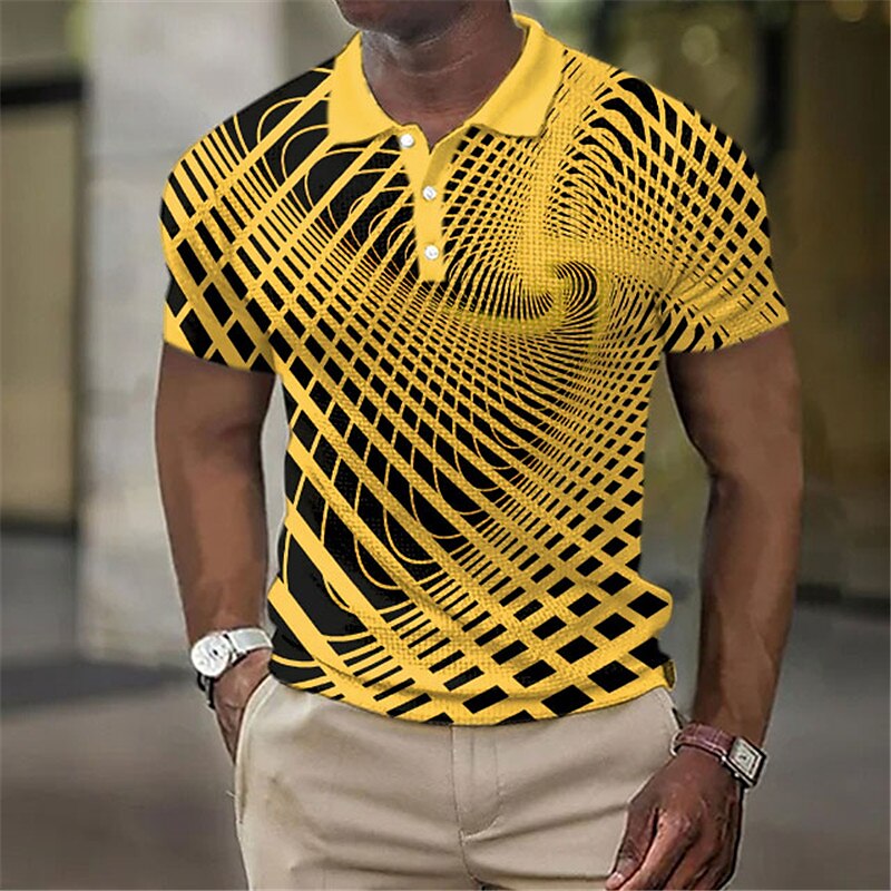 Men's Polo Shirt Waffle Polo Shirt Lapel Polo Button Up Polos Golf Shirt Optical Illusion Graphic Prints Turndown White Yellow Royal Blue Blue Green Outdoor Street Short Sleeve Print Clothing Apparel
