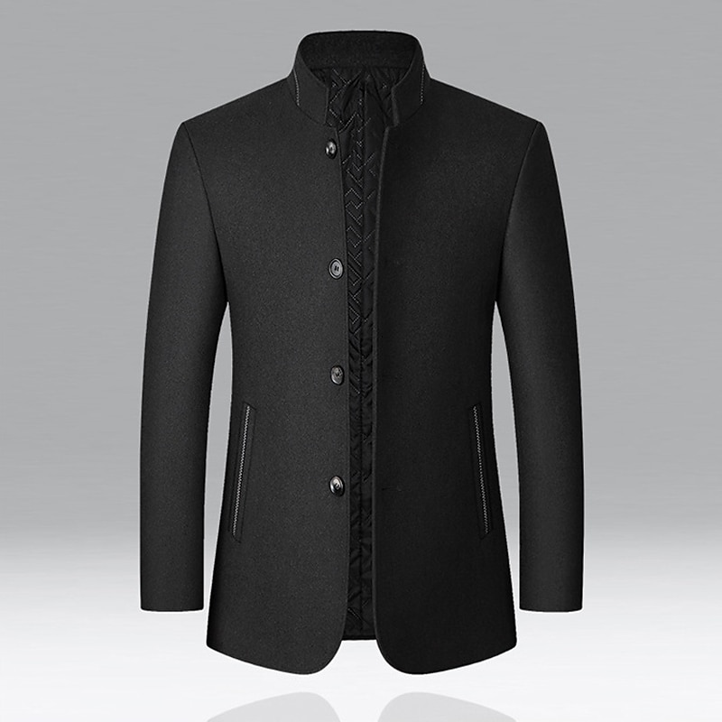 Men's Peacoat Trench Coat Vacation Daily Fall Winter Polyester Windproof Outerwear Clothing Apparel Fashion Classic Plain Pocket Stand Collar Single Breasted