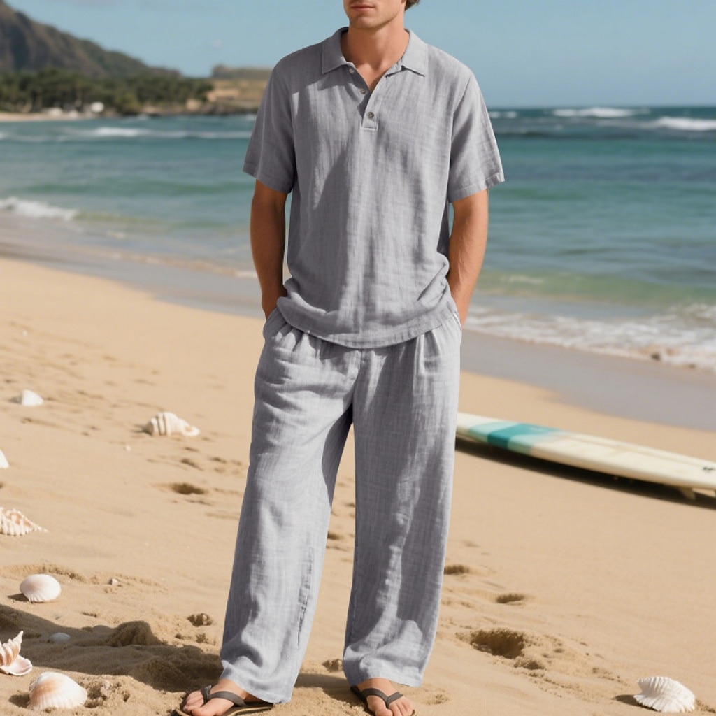2-Piece Men's Linen Shirt  Popover Shirt And Linen Pants Trousers Casual Pants Set Plain Daily Outdoor Beach Turndown Short Sleeve Summer Spring Fashion Casual Comfortable Clothing Apparel