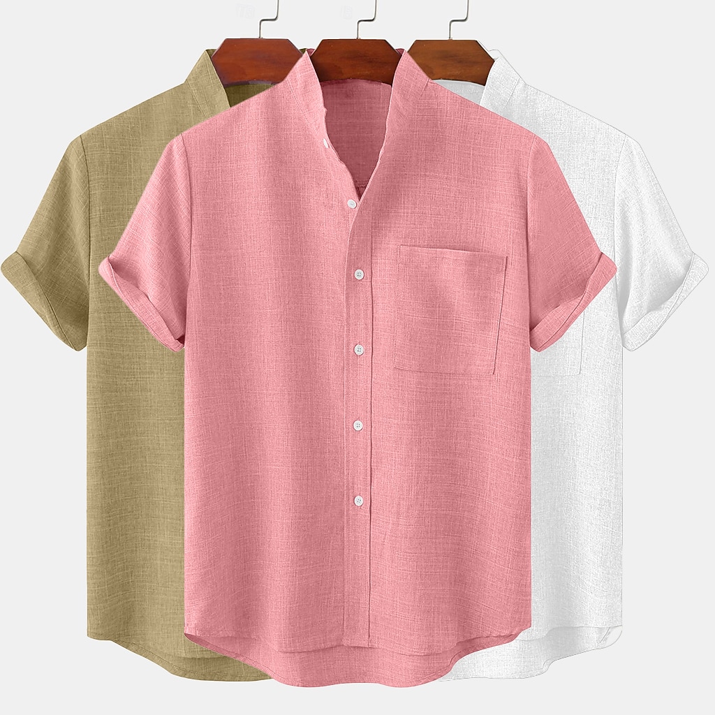3-Pack Men's Linen Shirt Summer Shirt Casual Shirt Band Collar Shirt Plain Casual Beach Black+Gray+Green Black+White+Gray black+white+green black+khaki+green Short Sleeve Stand Collar Spring & Summer Summer