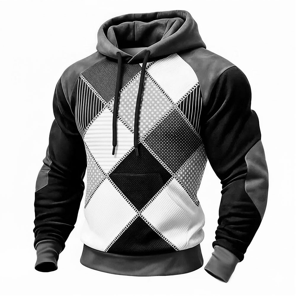 Men's Geometric Plaid Hoodie Sweatshirt Fashion Daily Crew Neck Home Streetwear Party Blue Brown Green Gray Drawstring Fall Winter Designer S M L XL XXL XXXL