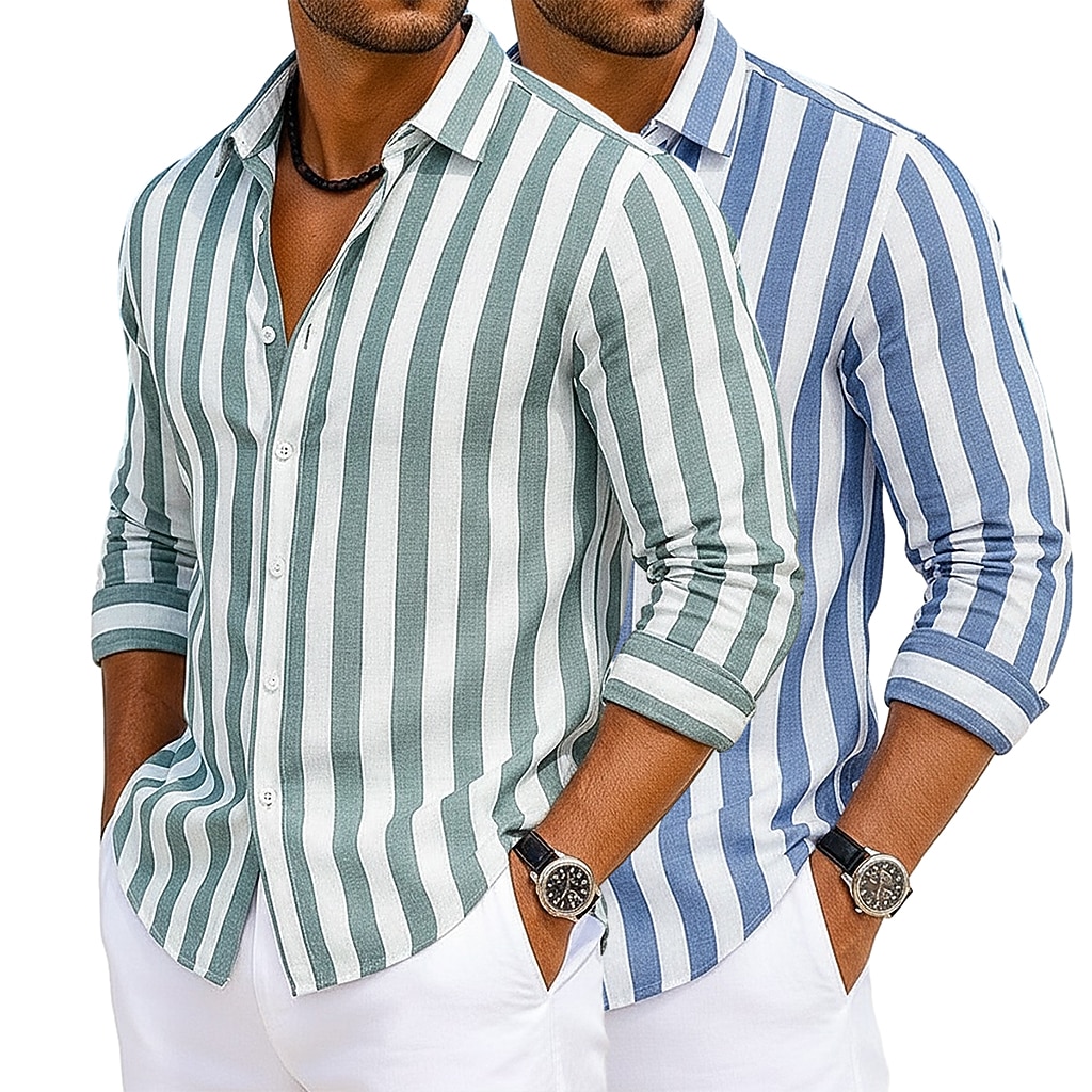 2-Pack Men's Shirt Cotton Linen Shirt Summer Shirt Beach Shirt Striped Shirts Vertical Stripes Casual Vacation Pink+Yellow Yellow+green Green+pink Navy Blue+Yellow Long Sleeve Turndown Summer Spring Clothing