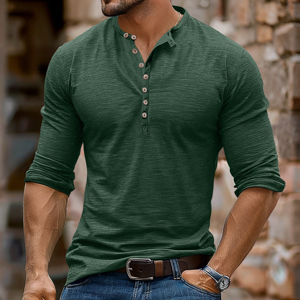 Men's Henley Shirt Tee Top Long Sleeve Shirt Long Sleeve Solid Color Fashion Daily Buttons Henley Outdoor Casual Summer Dark Brown Dark Grey Dark Red Henley T-Shirt