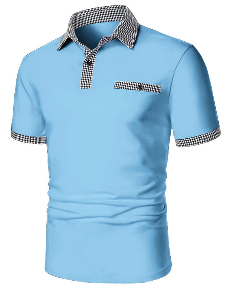 Men's Golf Shirt Golf Polo Work Casual Lapel Short Sleeve Basic Modern Color Block Houndstooth Patchwork Spring & Summer Regular Fit Black White Red Navy Blue Blue Beige Golf Shirt