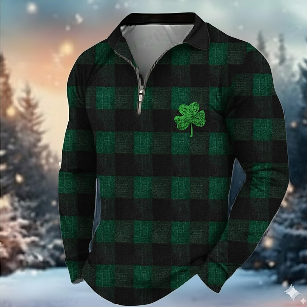 St. Patrick Men's Shamrock Polo Long Sleeve Turndown Modern Leisure Athleisure Casual Daily Festival Zipper 3D Print Spring Fall Black White Green
