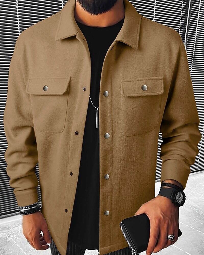 Men's Shirt Jacket Casual Jacket Vacation Daily Breathable Pocket Spring Fall Plain Fashion Classic Lapel Regular Dark Gray Black Navy Blue Khaki Light Grey Jacket