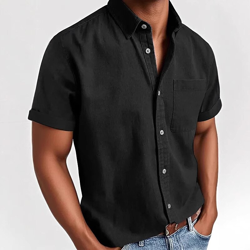 Men's Cotton Shirt Casual Shirt Button Up Shirt Black White Pink Red Navy Blue Short Sleeve Plain Lapel Casual Daily Front Pocket Clothing Apparel Elegant Fashion Casual