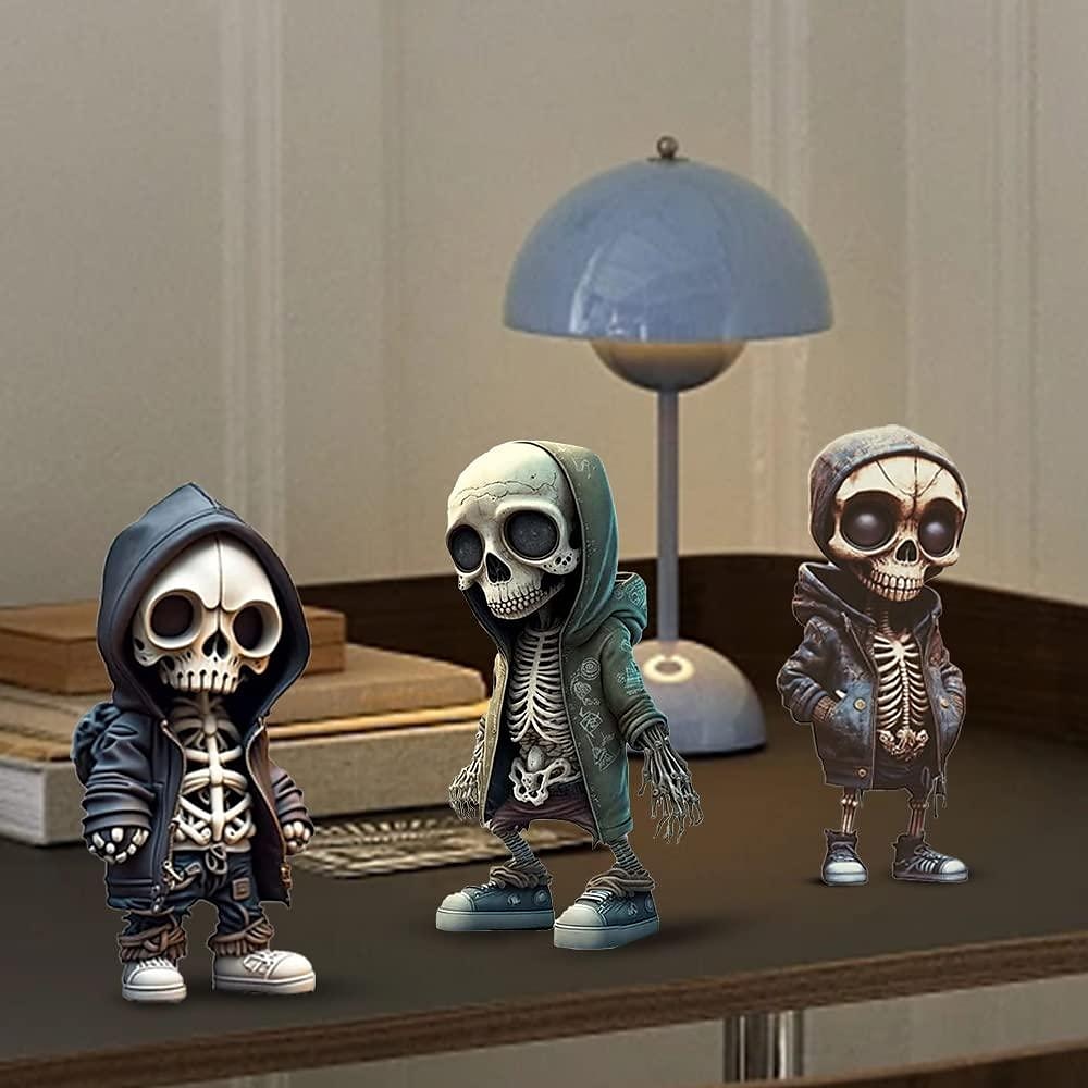 Halloween Skull Statues, Resin Skeleton Shelf Sitters, Sitting Figurines for Home Bookshelf and Table Edge, Decorative Crafts Ornaments for Skeleton Lovers