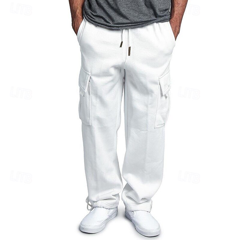 Men's Fleece Pants Sweatpants Joggers Trousers Cargo Sweatpants Drawstring Elastic Waist Multi Pocket Solid Color Windproof Outdoor Full Length Casual Daily Fashion Streetwear Loose Fit Black White