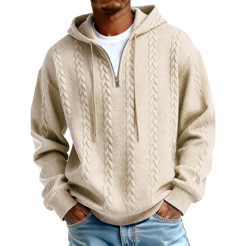 Men's Jacquard Hoodie Pullover Hoodie Sweatshirt Quarter Zip Hoodie Apricot Wine Red Black White Light Green Hooded Plain Zip Up Textured Sports & Outdoor Casual Daily Streetwear Cool Sportswear
