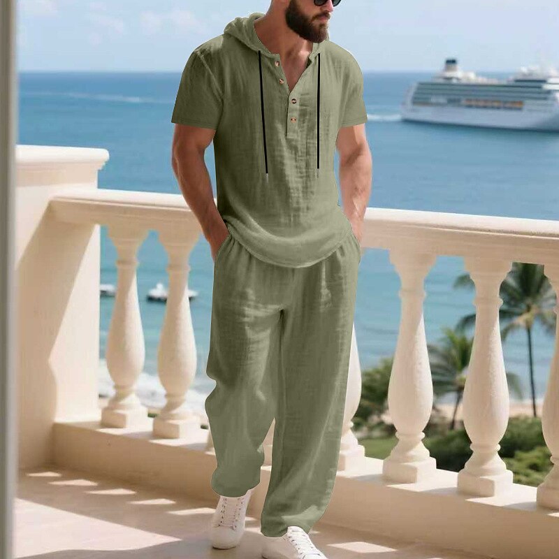 Men's T-shirt Suits Shirt and Pant Sets 2 Pieces Outfits Short Sleeve Hooded Summer Spring Plain Fashion Casual Drawstring 2 Piece Buttons Vacation Daily Wear Going out Black White Yellow Top Tee for