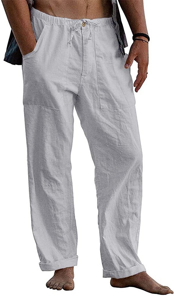 Men's Linen Pants Trousers Summer Pants Beach Pants Pocket Elastic Drawstring Design Straight Leg Plain Comfort Breathable Daily Beach Cotton And Linen Casual turmeric Black