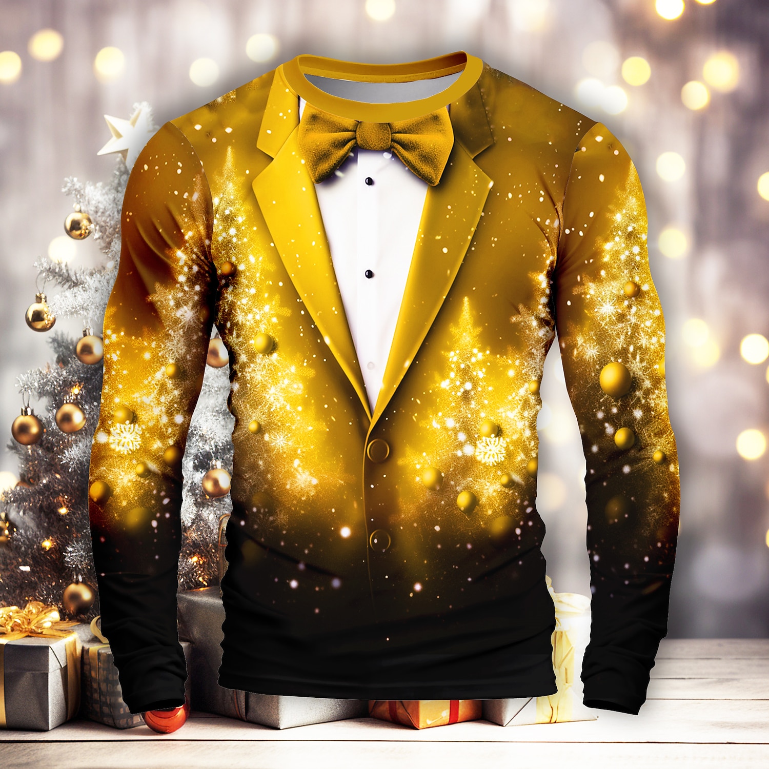 Christmas Men's Snowflake Christmas Costume T Shirt Long Sleeve T shirt 3D Print Crew Neck Shirt Merry and Bright Party Casual Holiday Yellow Red Purple Spring &  Fall Clothing Apparel Normal S M L