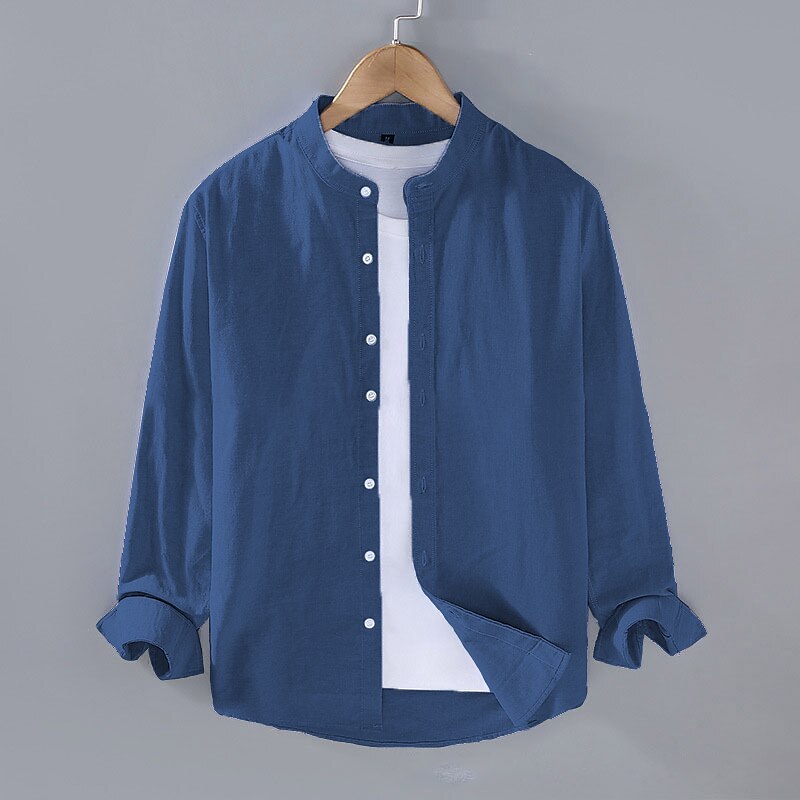 Men's Summer Beach Long Sleeve Plain Stand Collar Spring & Summer Hawaiian Holiday Clothing Apparel Basic Linen Shirt