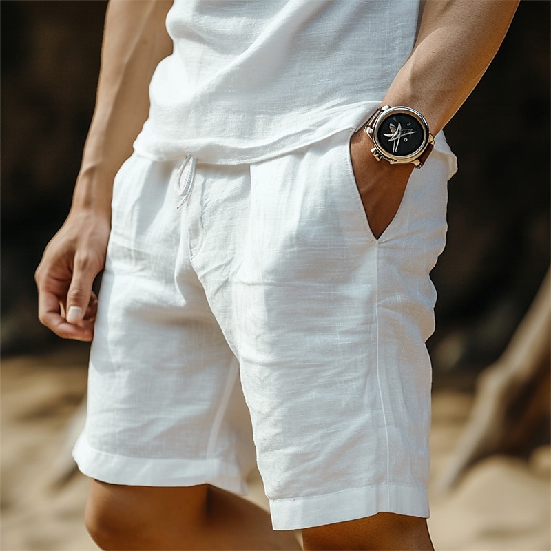 Men's Shorts Linen Shorts Summer Shorts Pocket Drawstring Elastic Waist Plain Comfort Breathable Short Casual Daily Holiday Fashion Classic Style Black White