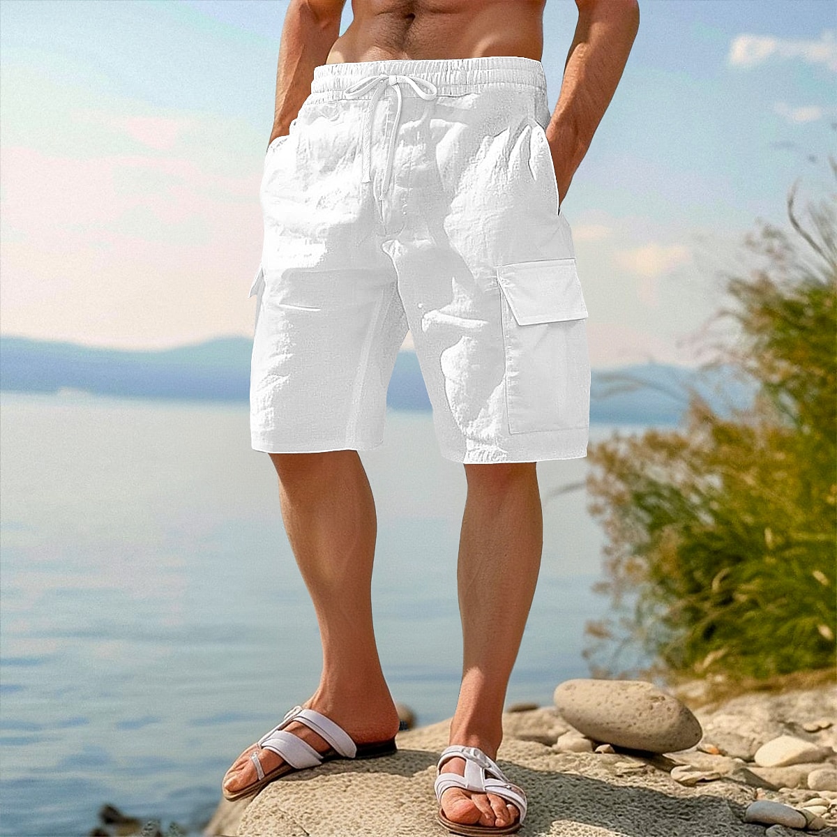 Men's Cargo Shorts Linen Shorts Summer Shorts Beach Shorts Elastic Waist Drawstring Multi Pocket Plain Knee Length Outdoor Beach Vacation Hawaiian Black White Inelastic