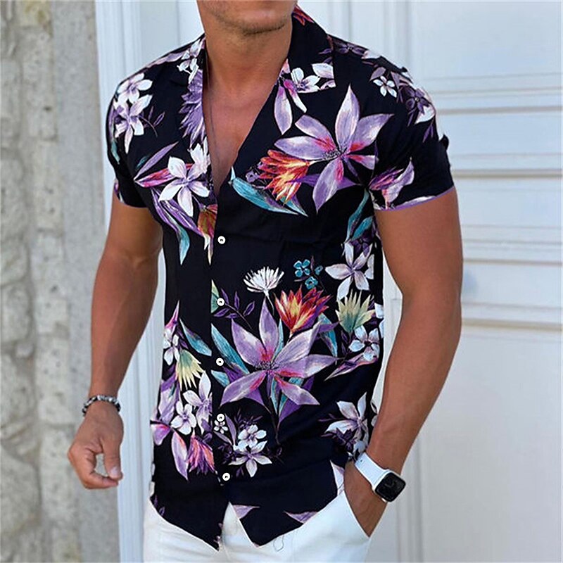 Men's Shirt Camp Collar Shirt Graphic Shirt Aloha Shirt Floral Turndown Black White Yellow Blue Purple Print Outdoor Street Short Sleeve Button-Down Clothing Apparel Fashion Designer Casual Breathable
